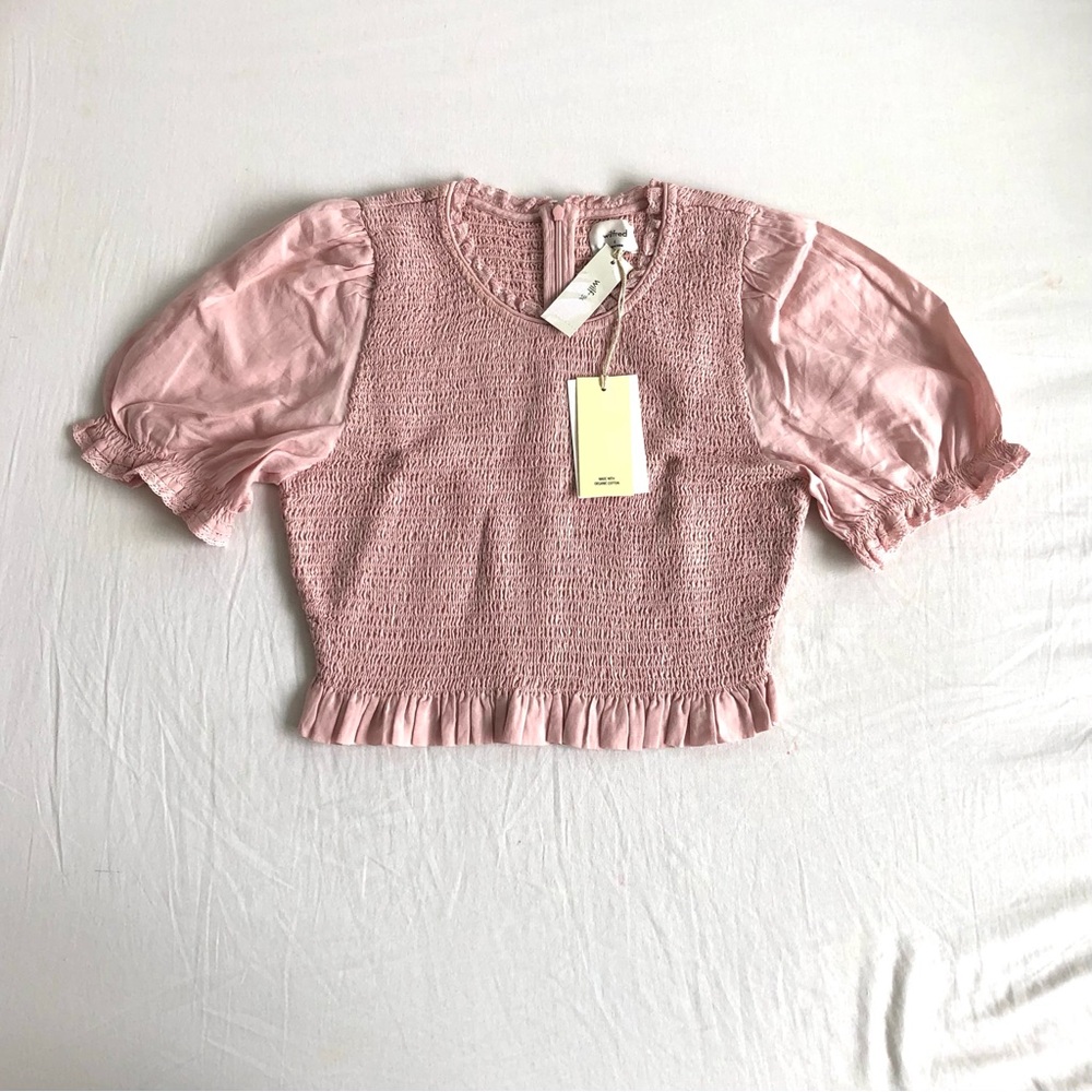 Wilfred Dusty Pink Smocked Puff Sleeve Crop Top
